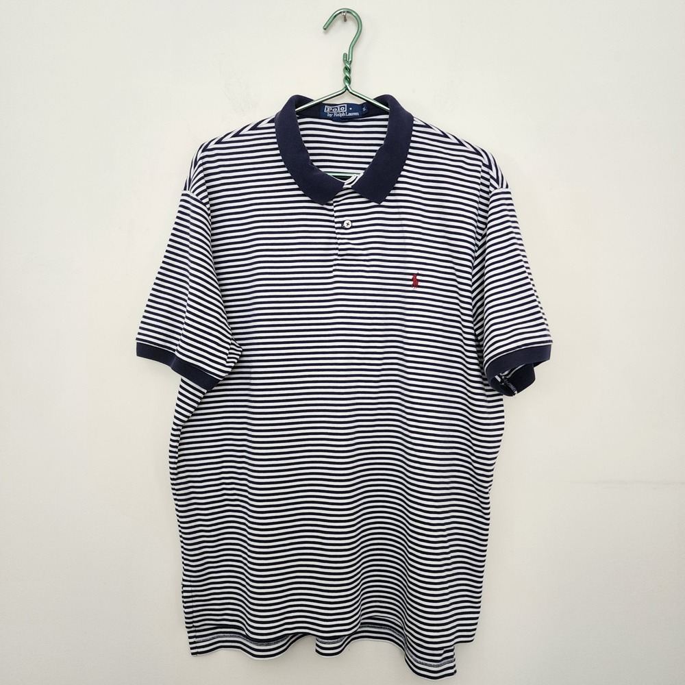 Polo Ralph Lauren Mens XL Navy Blue White Striped Short Sleeve Polo Shirt Cotton
